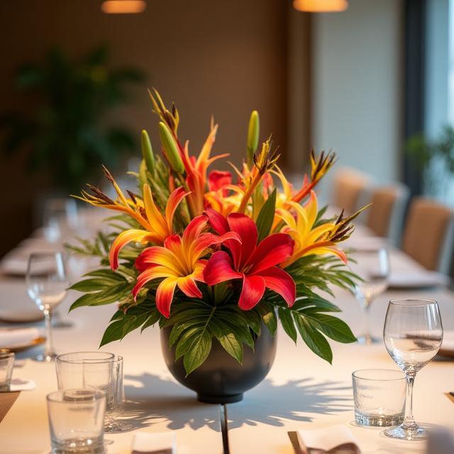 Centro de mesa corporativo com flores tropicais